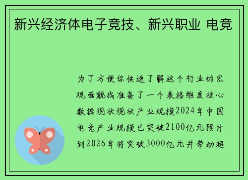 新兴经济体电子竞技、新兴职业 电竞